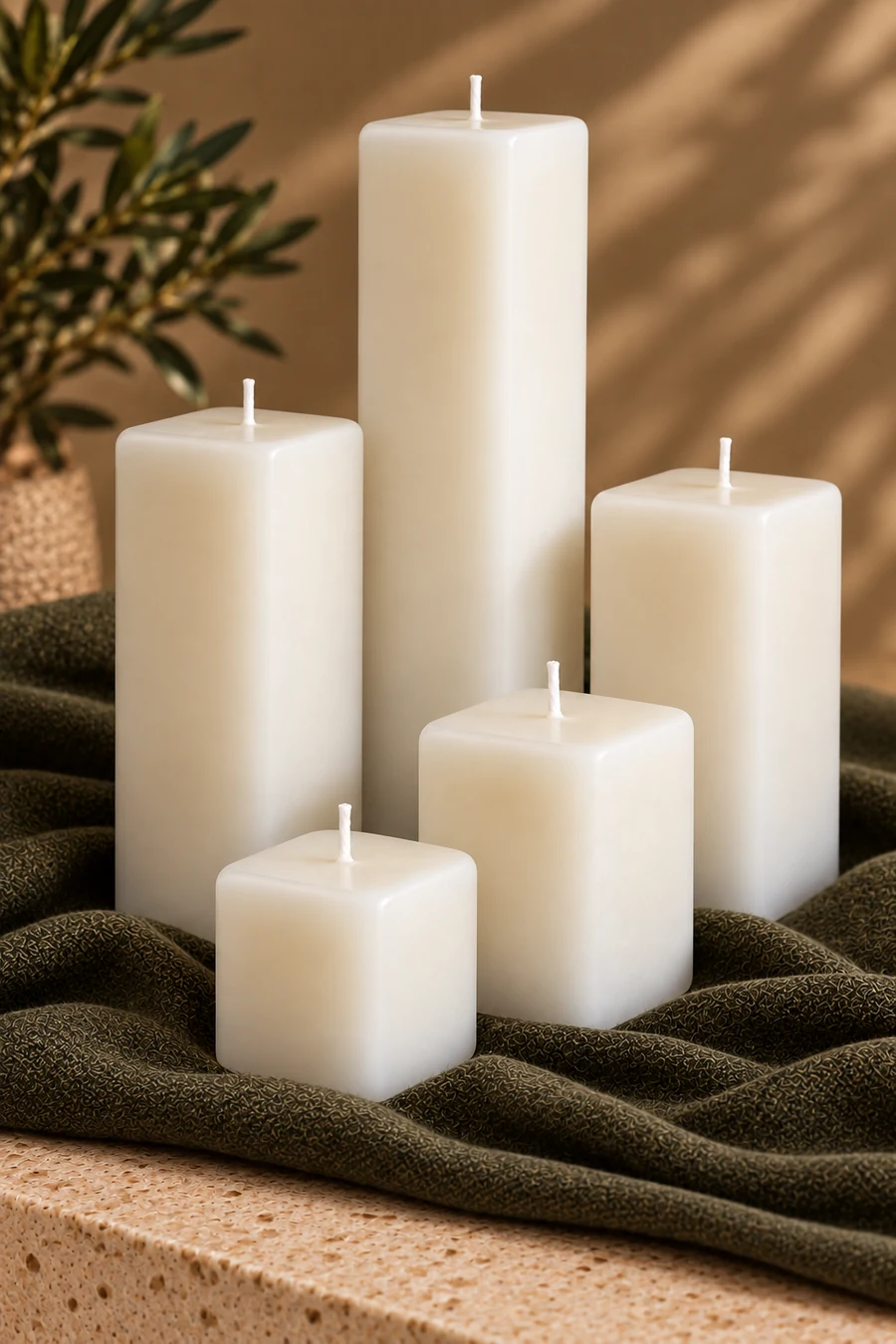 A group of white statement candles styled on an earthy backdrop