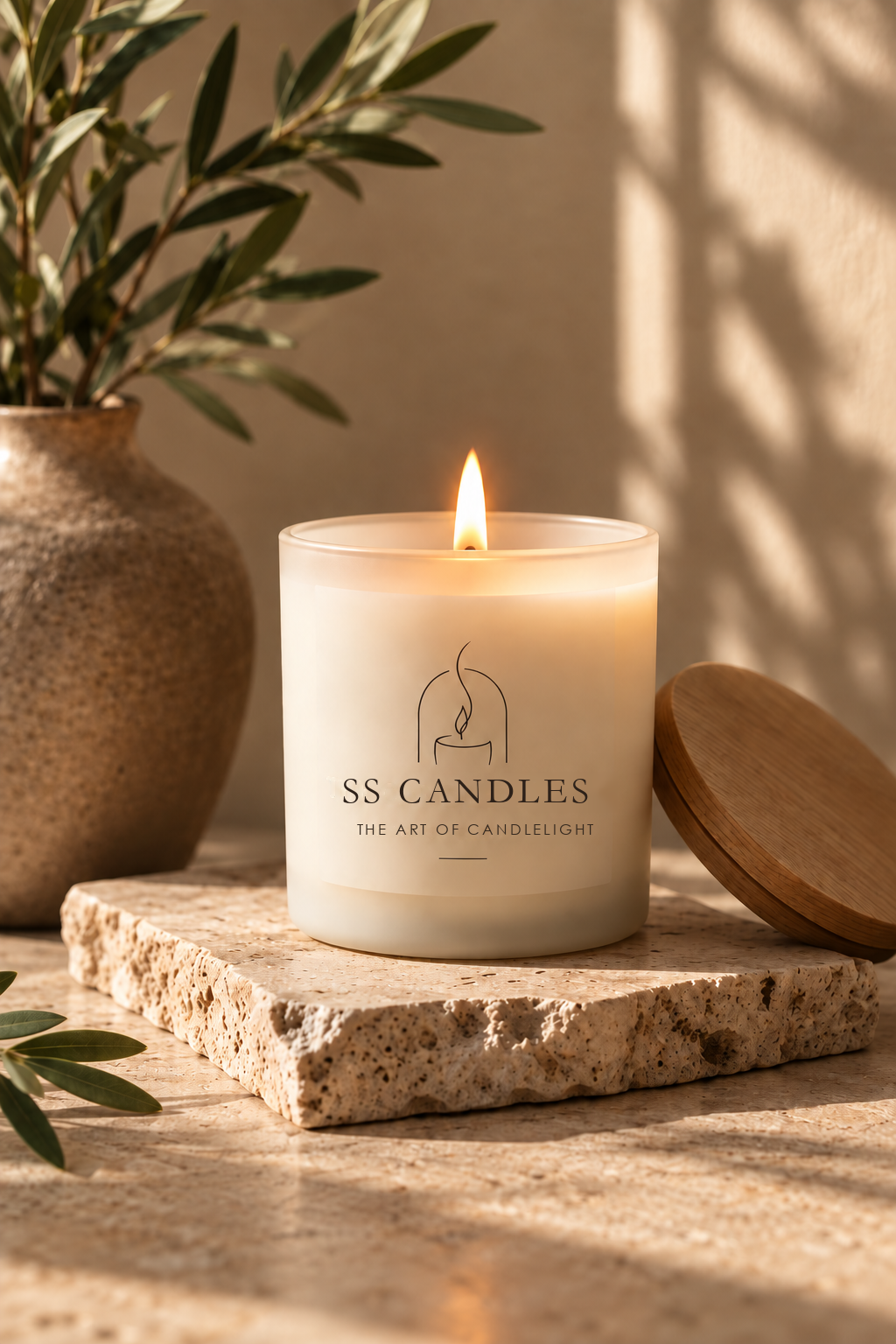 A lit SS Candles candle in frosted glass beside its oak lid on travertine